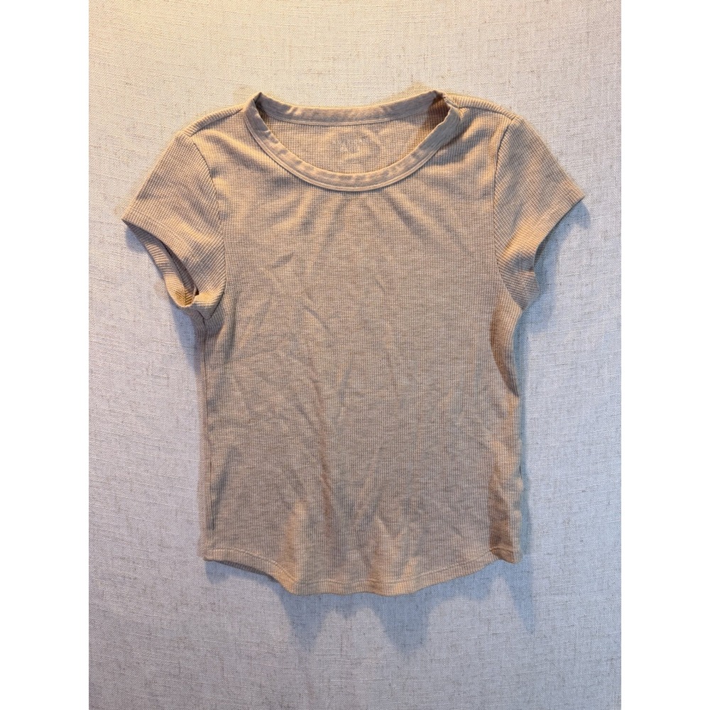 American Eagle Tan Waffle Knit Thermal Short Sleeve Curved Hem Top Womens M